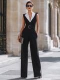 Sleeveless Contrast Lapel Belted Wide Leg Jumpsuit