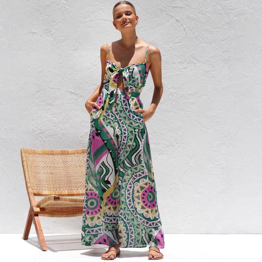 Bandage Bowknot Design Printed Jumpsuit