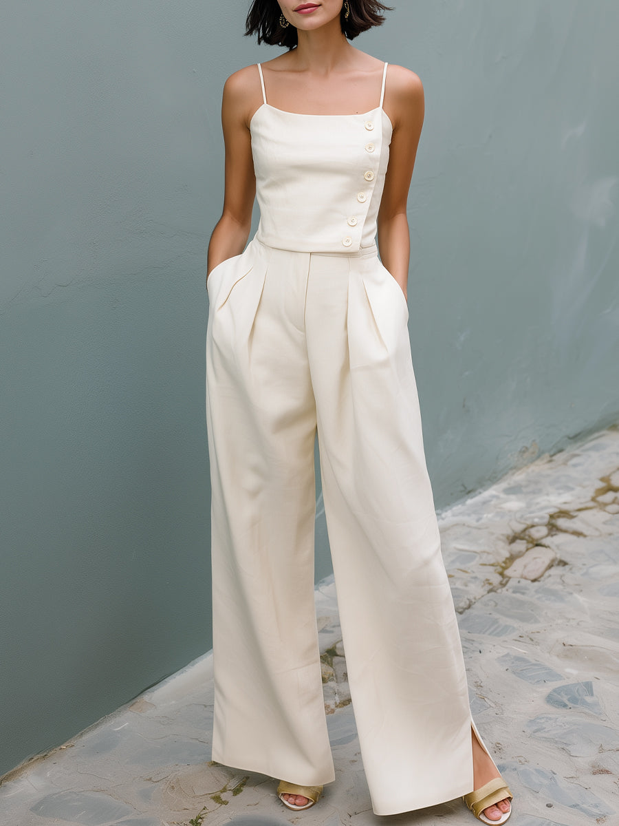 Button-Detail Spaghetti Strap Wide-Leg Jumpsuit