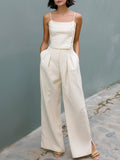 Button-Detail Spaghetti Strap Wide-Leg Jumpsuit