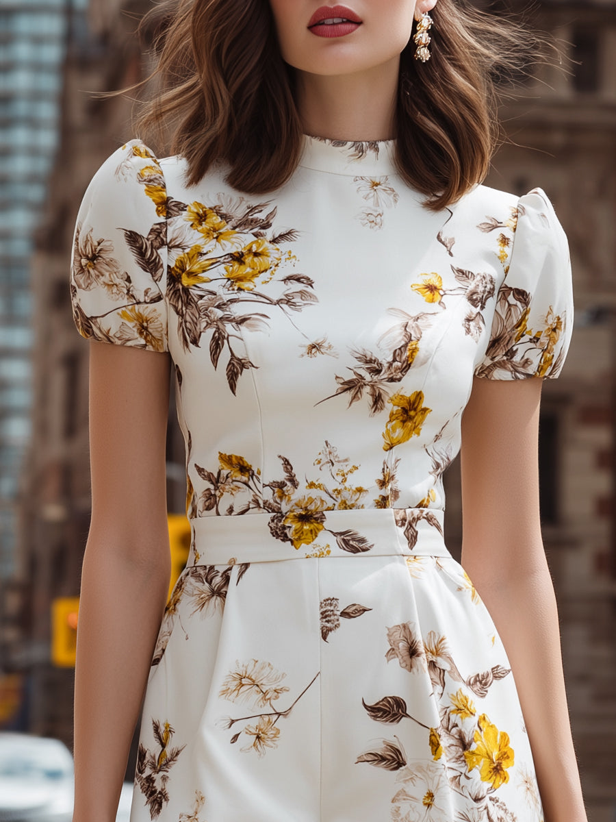 Floral Short Puff-Sleeve Tailored Romper