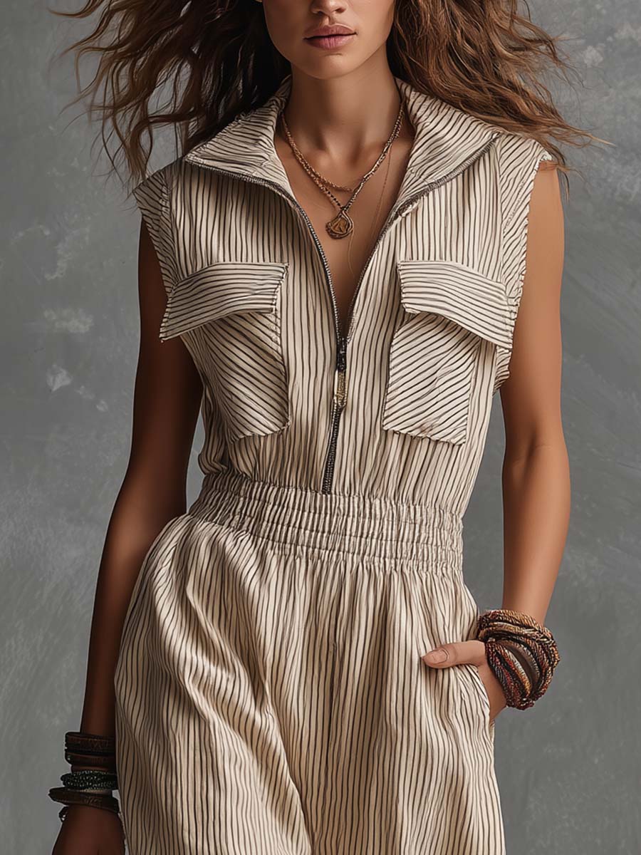 Boho Vintage Cotton Sleeveless Zip-Front Jumpsuit