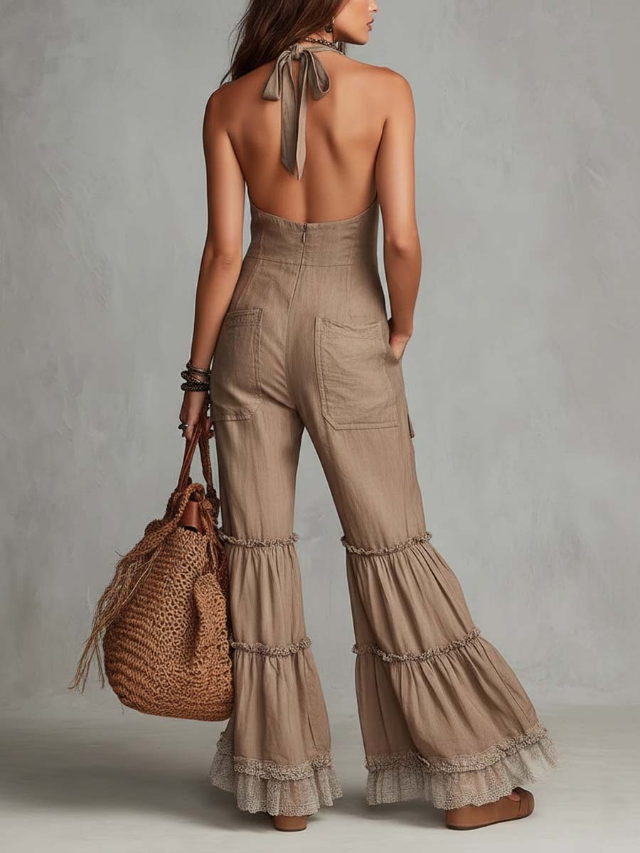 Boho Vintage Ruffle-Hem Cotton Jumpsuit