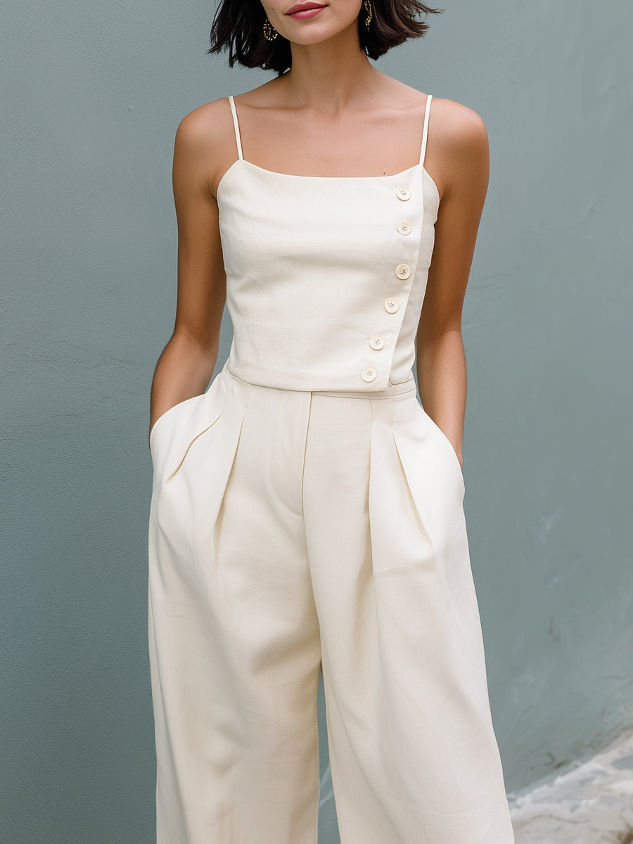 Button-Detail Spaghetti Strap Wide-Leg Jumpsuit