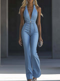 【24-hour shipping out】Simple and Fashionable V-neck Sleeveless Tight Light Blue Denim Jumpsuit