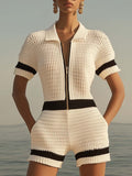 【24-hour shipping out】Breathable Fashion Front Zipper Short Sleeve Knit Shorts Jumpsuit