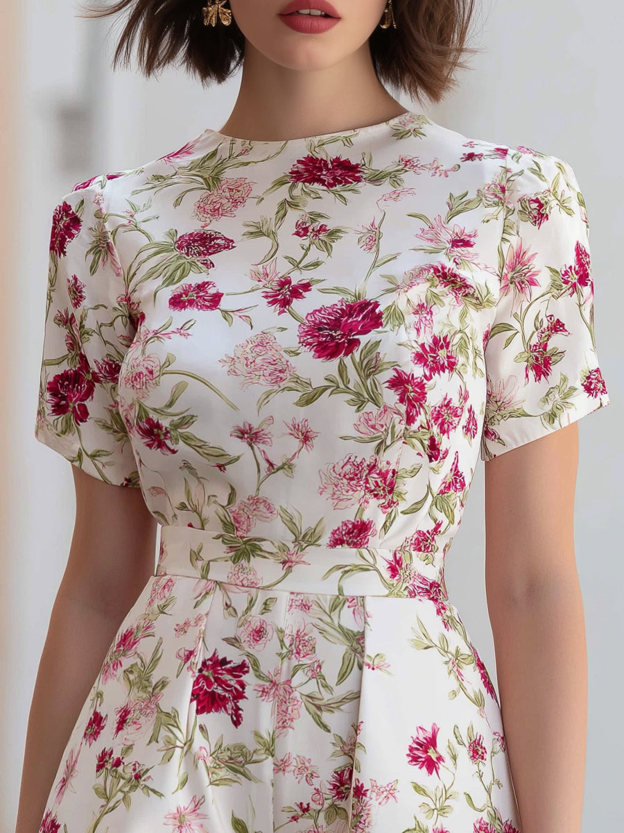 Floral Short-Sleeve Round Neckline Romper