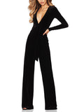 Velvet Deep V Belt Long Sleeve Jumpsuit
