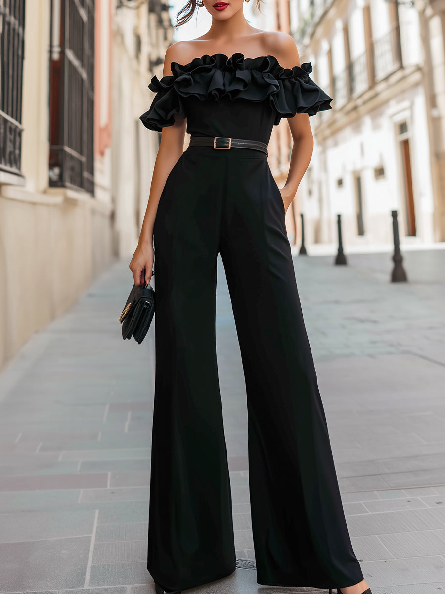 Off-Shoulder Ruffle Neckline Wide-Leg Jumpsuit