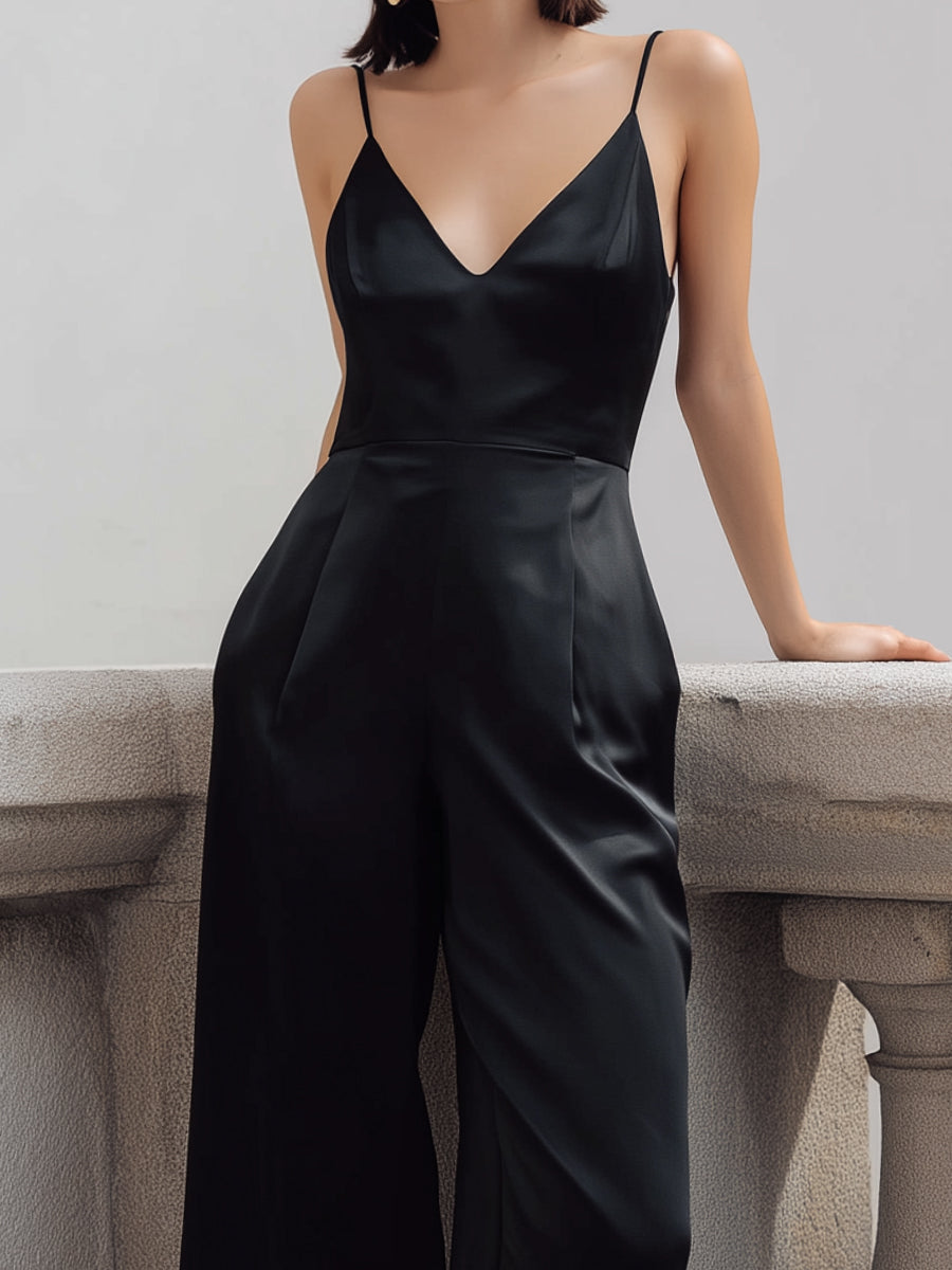 Black Satin Spaghetti-Strap Wide-Leg Jumpsuit