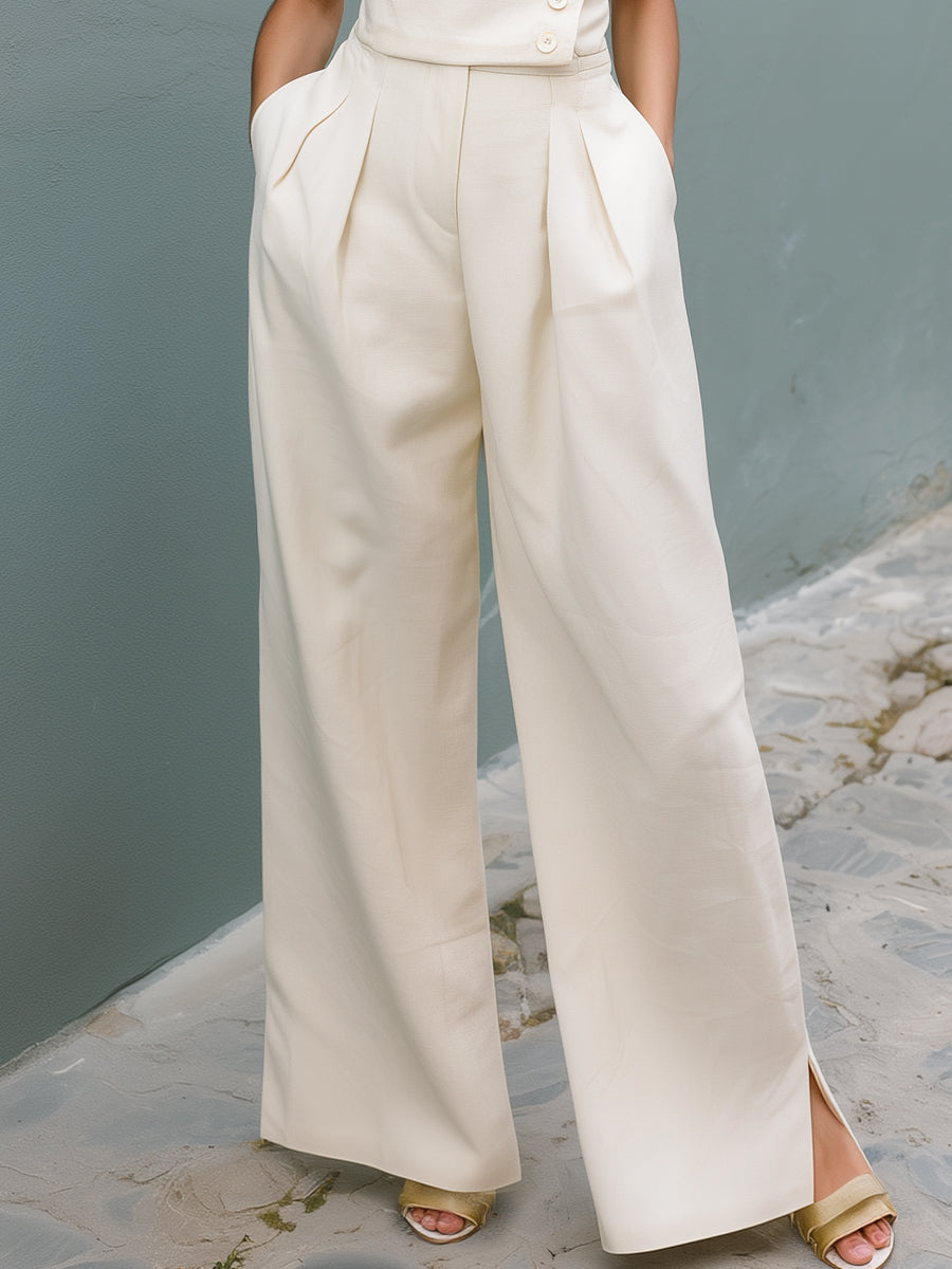 Button-Detail Spaghetti Strap Wide-Leg Jumpsuit