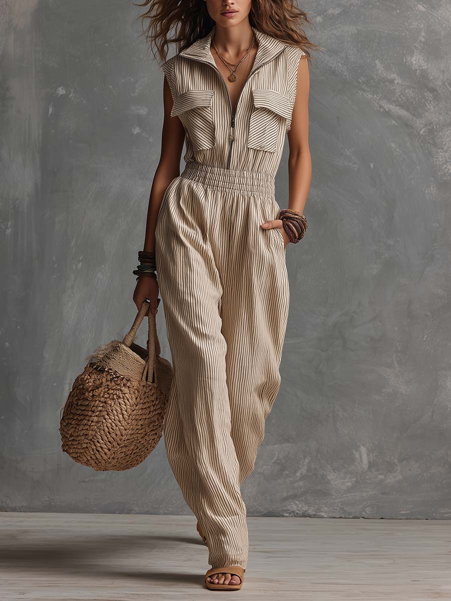 Boho Vintage Cotton Sleeveless Zip-Front Jumpsuit