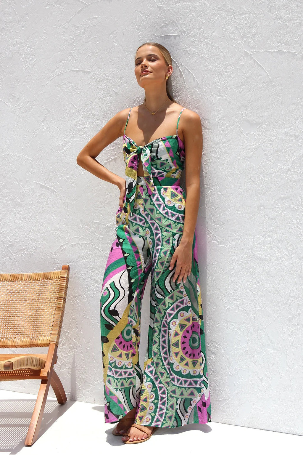 Bandage Bowknot Design Printed Jumpsuit