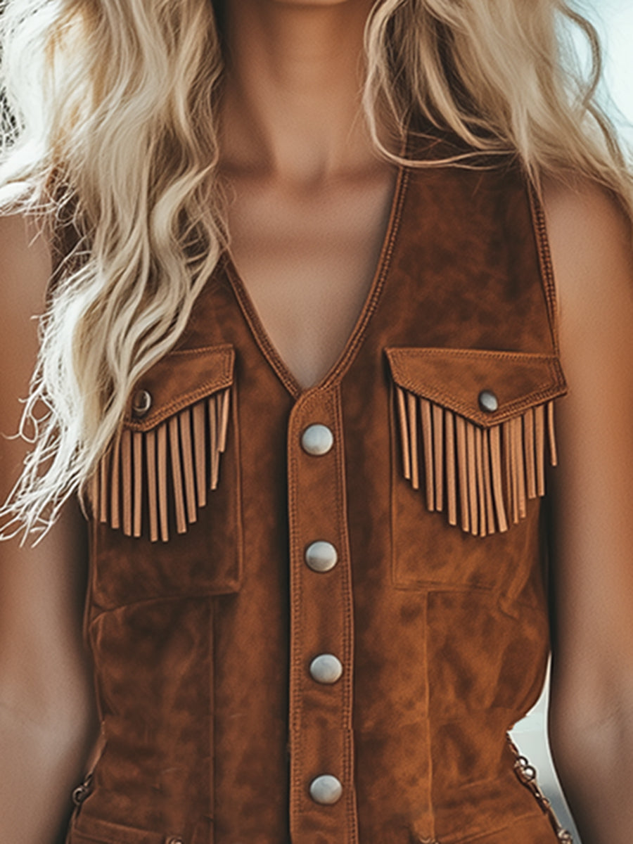 【24-hour shipping out】Vintage Western Tassel Brown Suede Vest Shorts Jumpsuit