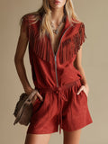 Retro Western-style Stand-collar Zippered Sleeveless Faux Suede Jumpsuit