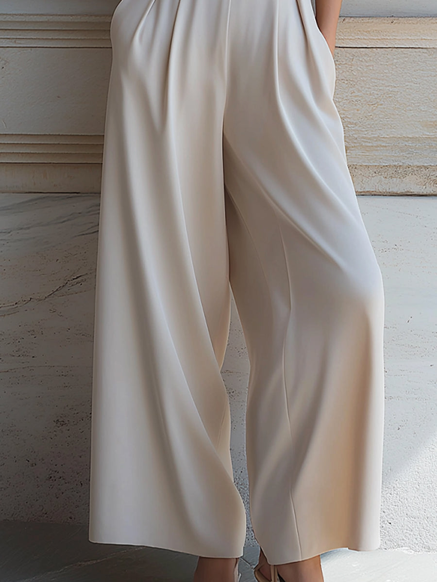 Ivory V-Neck Tailored Wide-Leg Jumpsuit