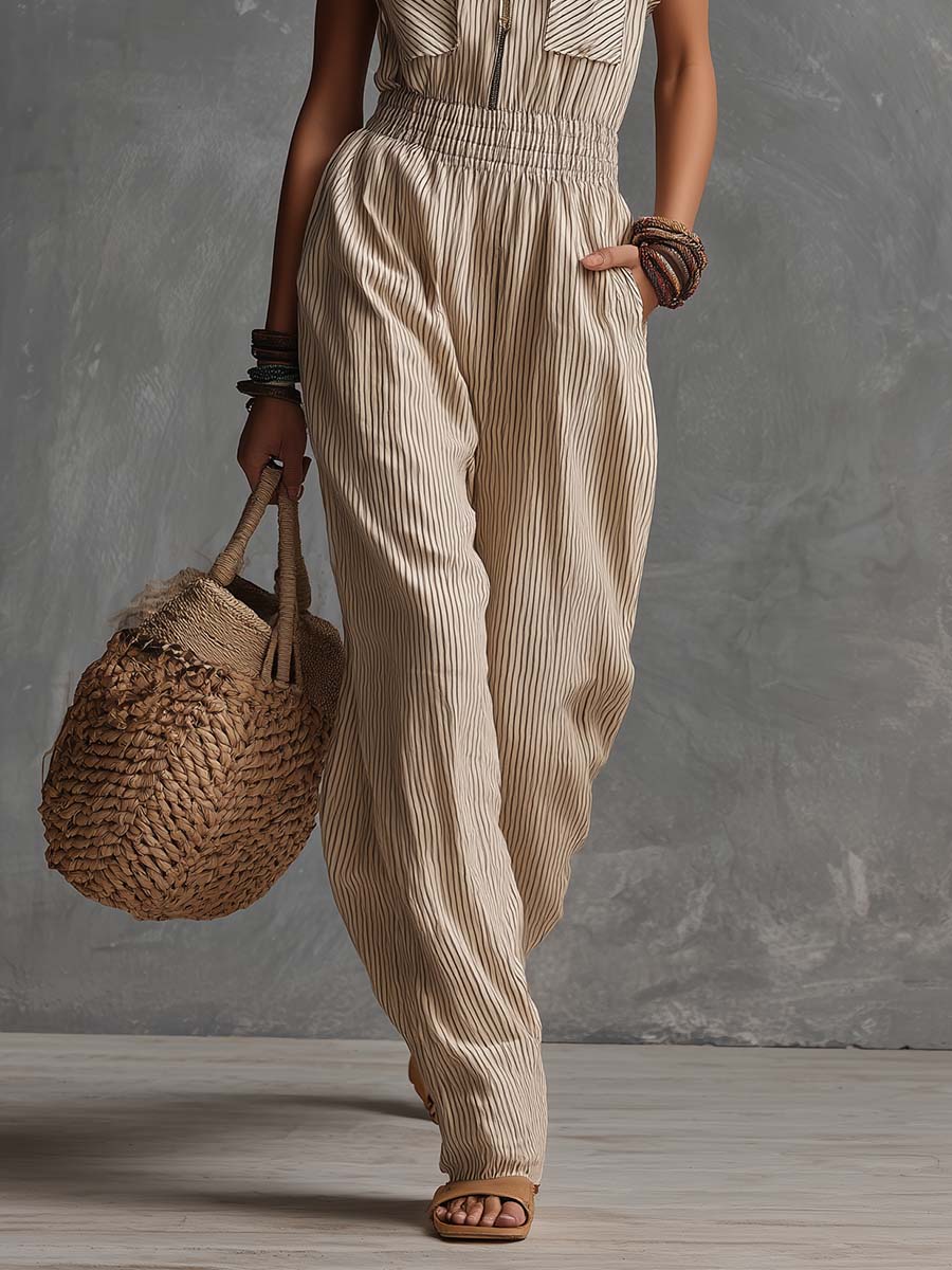 Boho Vintage Cotton Sleeveless Zip-Front Jumpsuit