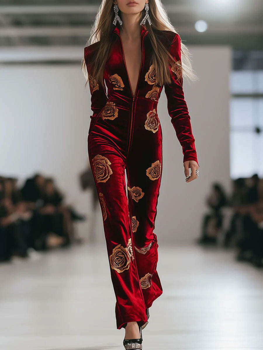 Casual Loose Retro Red Velvet Gold Rose Printed Zipper Long Sleeve Jumpsuit
