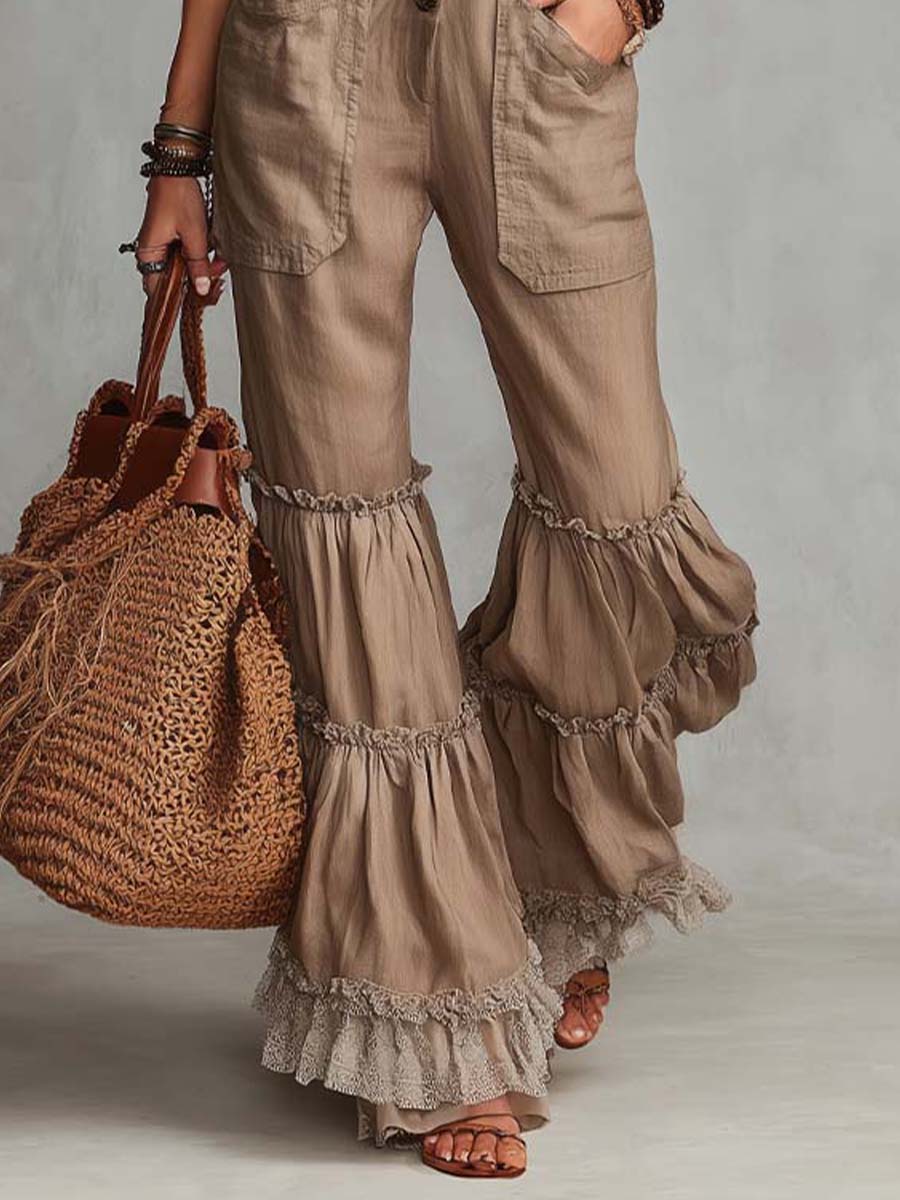 Boho Vintage Ruffle-Hem Cotton Jumpsuit