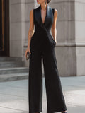 Sleek Black Tuxedo Sleeveless Wide-Leg Jumpsuit