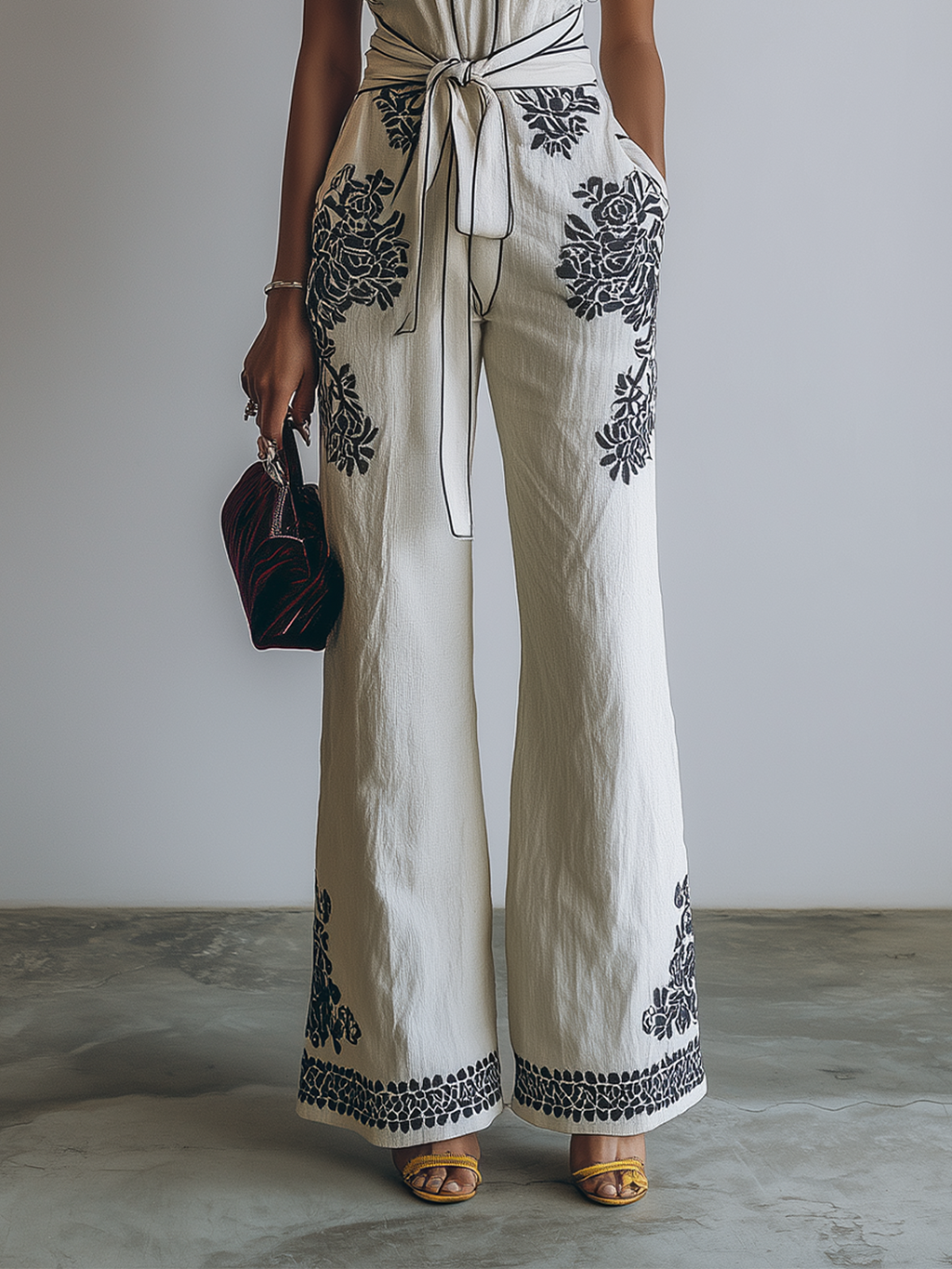 Strapless Embroidered Wide-Leg Jumpsuit With Waist Tie And Bohemian Detailing