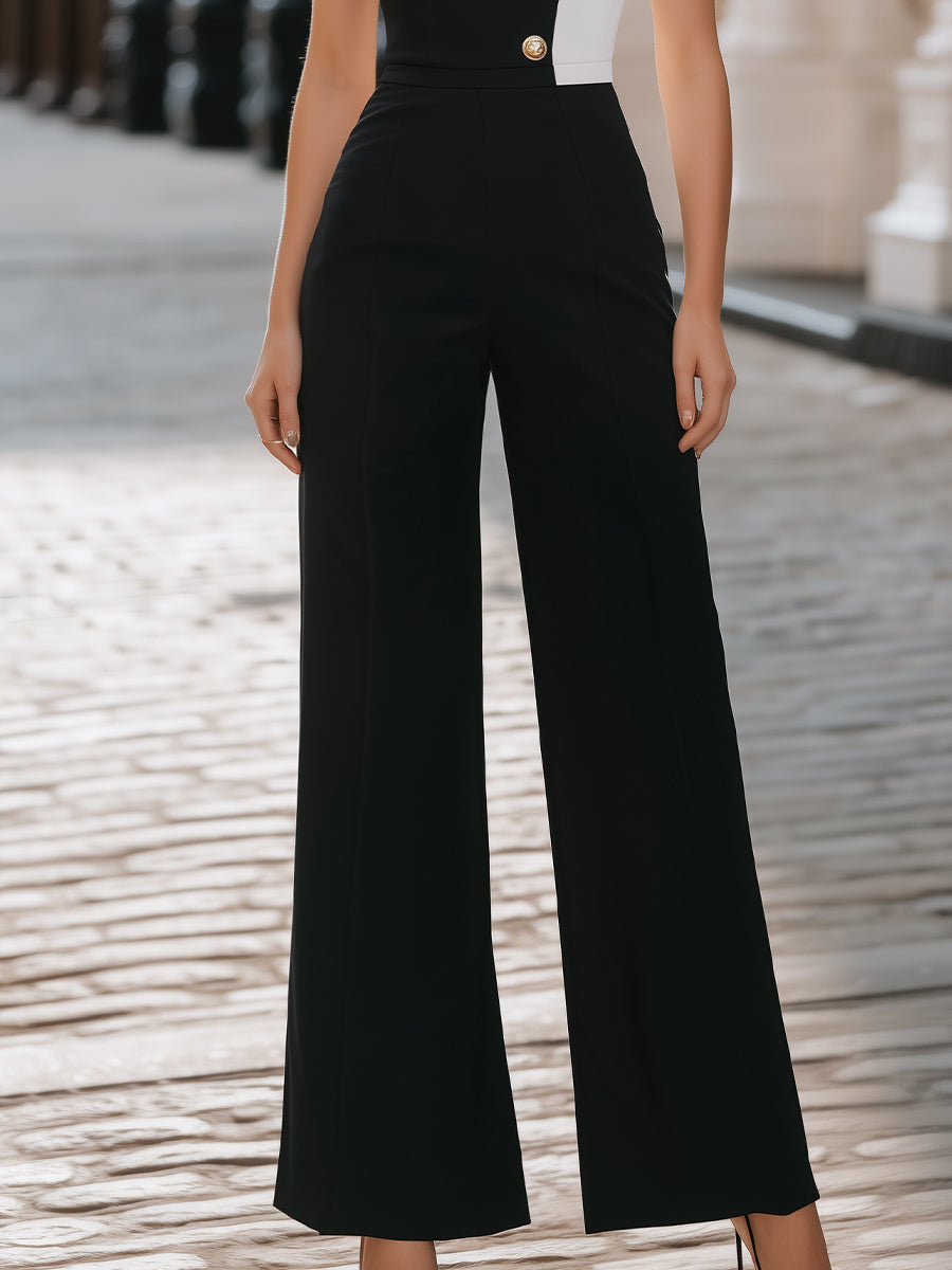 Asymmetrical Shoulder Contrast Button Wide-Leg Jumpsuit