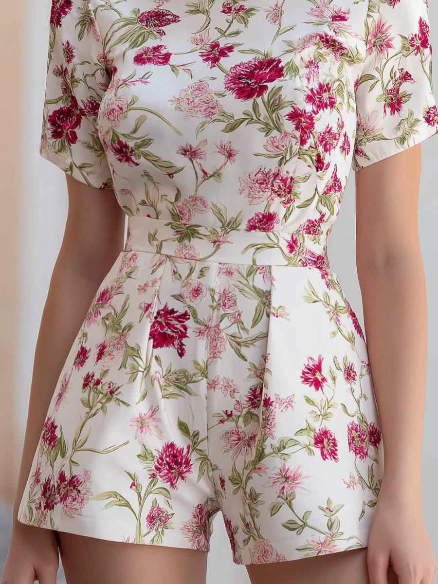 Floral Short-Sleeve Round Neckline Romper
