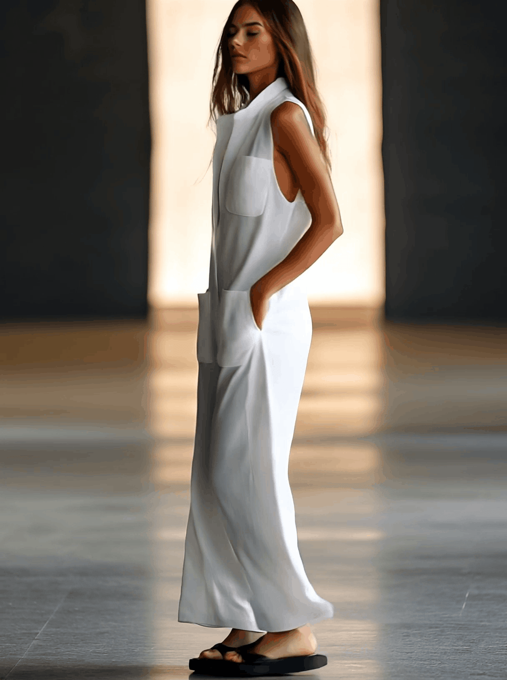 Casual Loose Retro White Breathable Linen Sleeveless Wide Leg Pants Jumpsuit