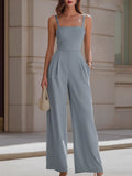 Spaghetti-Strap Square-Neck Tailored Wide-Leg Jumpsuit