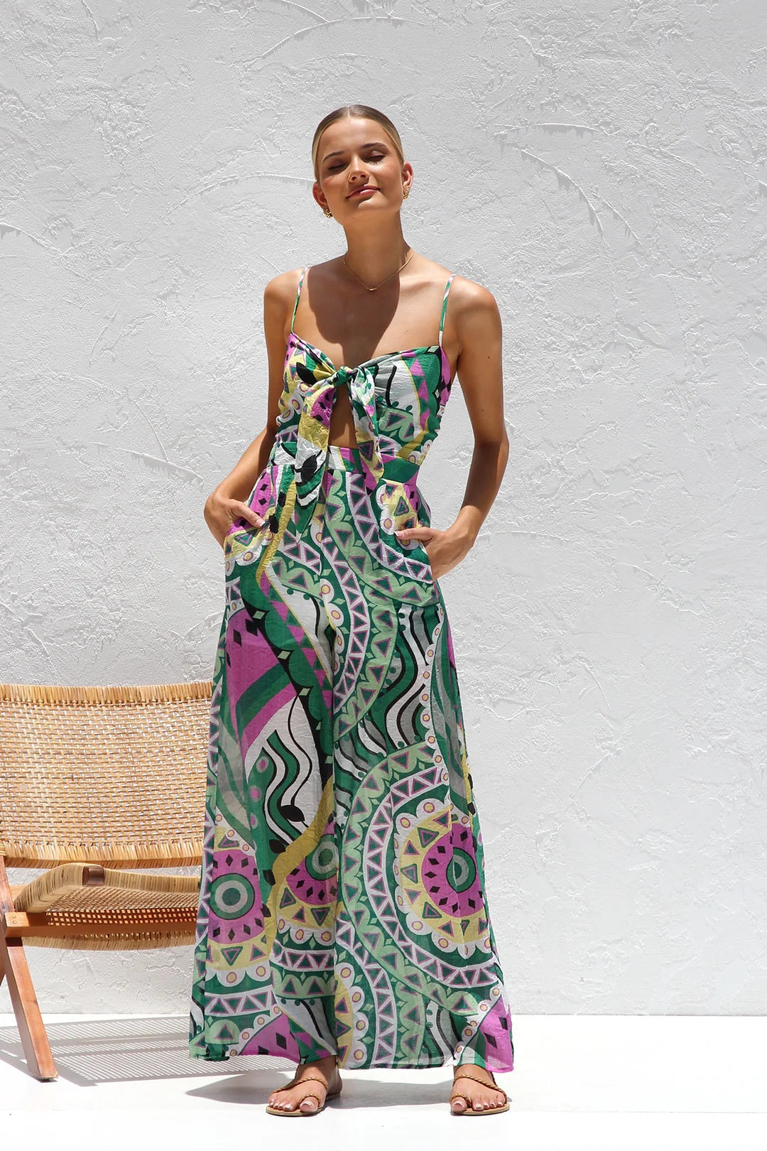 Bandage Bowknot Design Printed Jumpsuit