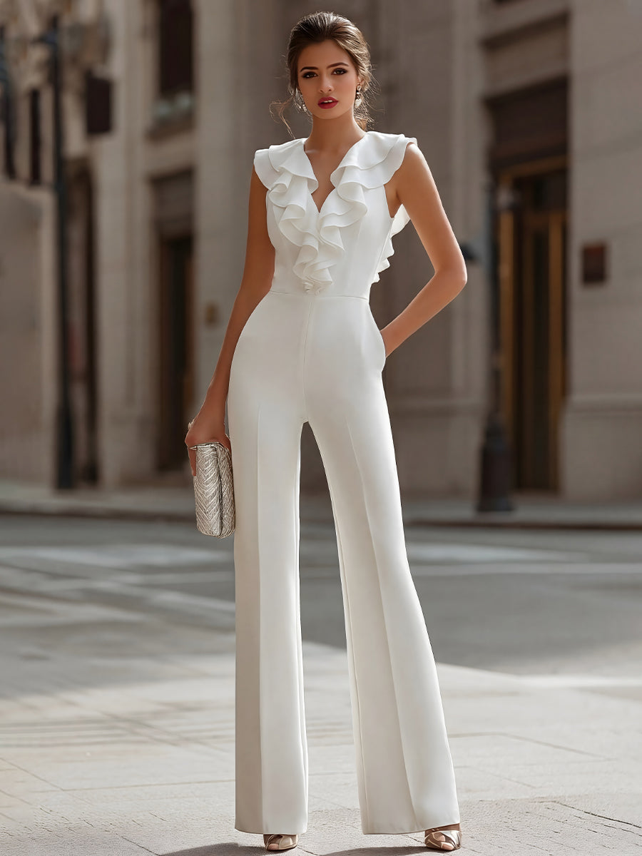 Ruffled V-Neck Sleeveless Wide-Leg Jumpsuit