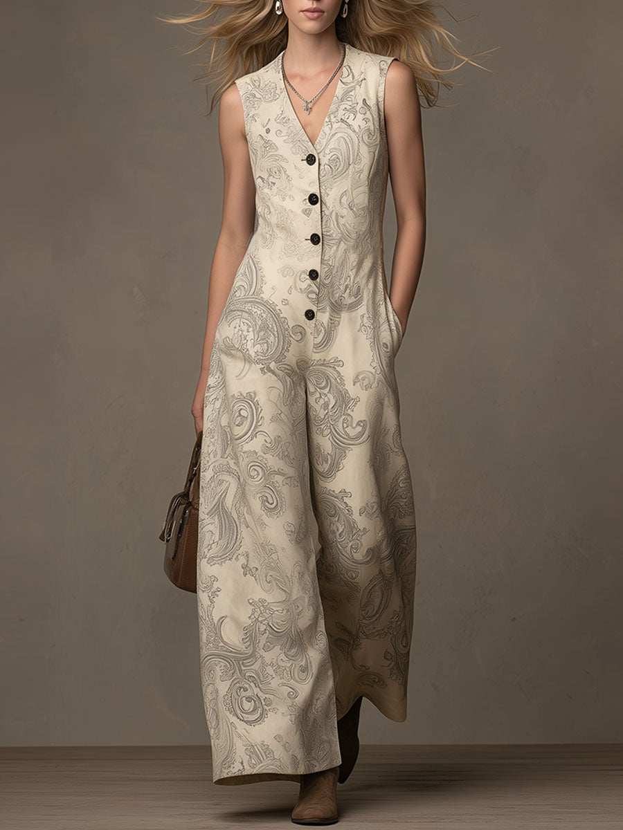 Western Retro Gray Print Off-White Sleeveless Faux Suede Jumpsuit
