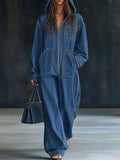 sheenchic Daily Blue Hooded Long Sleeve Pocket Vintage Zipper Denim Jumpsuits