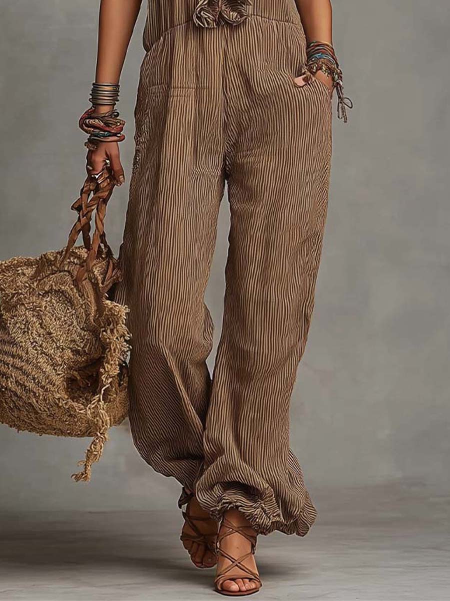 Vintage Boho Ruffle Trim Wide-Leg Jumpsuit