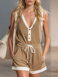 Color-blocked V-neck Button-up Sleeveless Short Jumpsuit