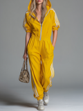 Athletic Casual Hooded Zippered Short-sleeved Jumpsuit