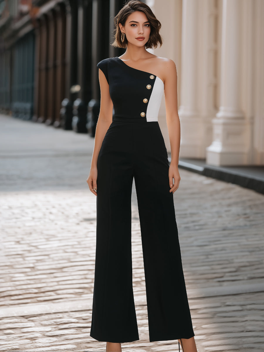 Asymmetrical Shoulder Contrast Button Wide-Leg Jumpsuit