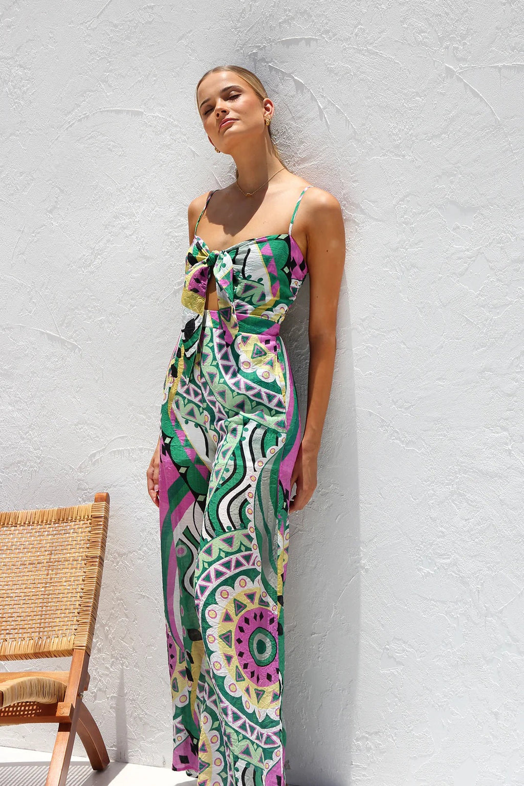 Bandage Bowknot Design Printed Jumpsuit