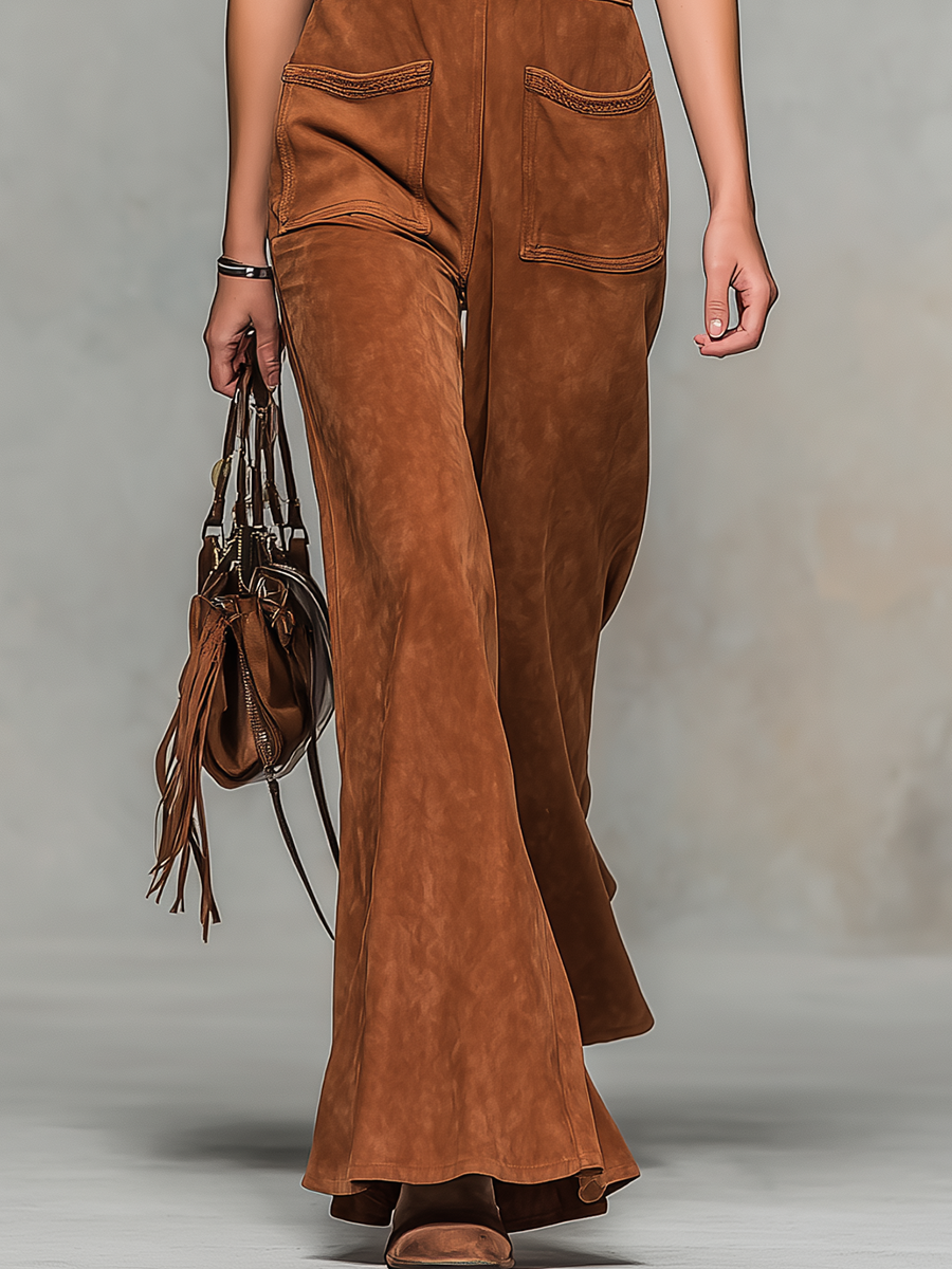 Vintage-style V-neck Sleeveless Fringed Faux Suede Jumpsuit