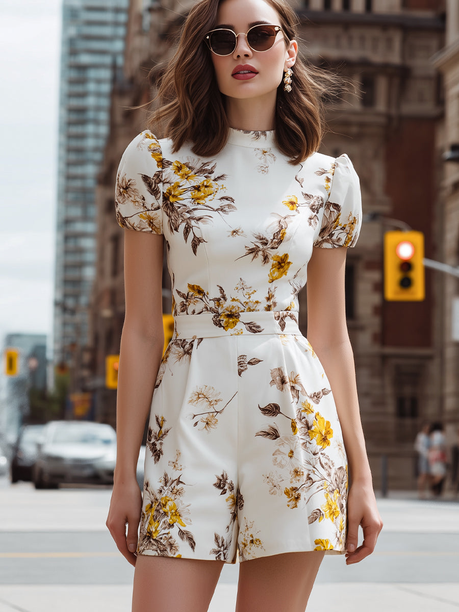 Floral Short Puff-Sleeve Tailored Romper