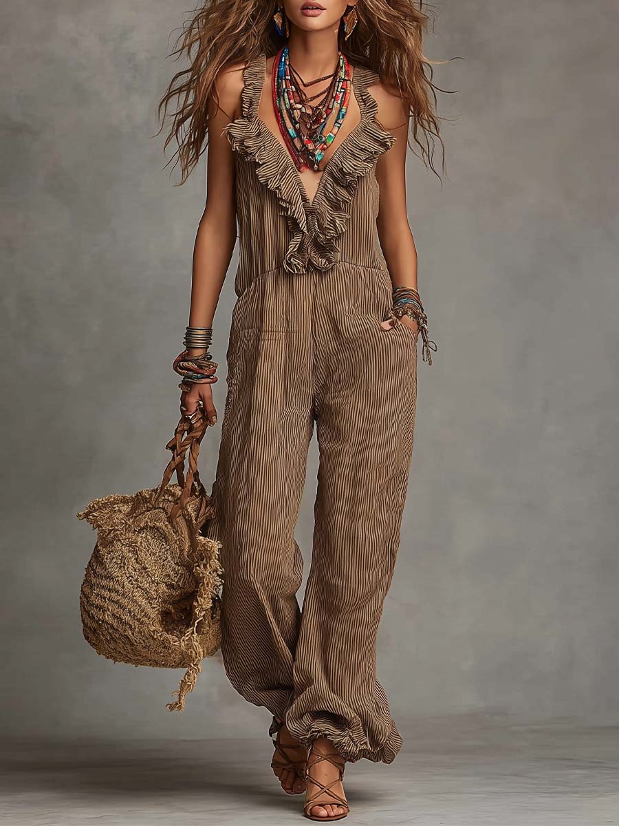 Vintage Boho Ruffle Trim Wide-Leg Jumpsuit