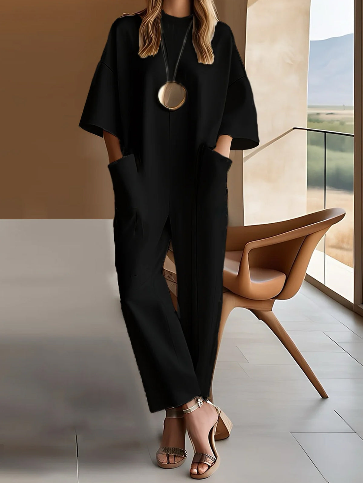sheenchic Fashion Side Pocket 3/4 Sleeve Jumpsuit
