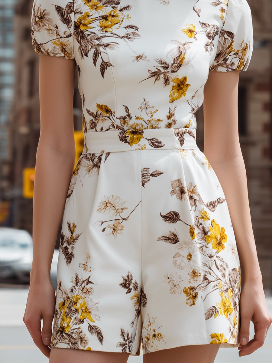 Floral Short Puff-Sleeve Tailored Romper