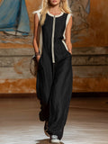 Color-blocked Round Neck Zippered Cotton And Linen Sleeveless Jumpsuit