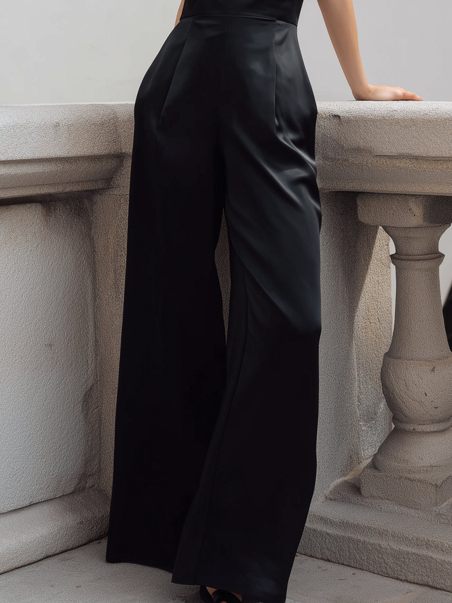 Black Satin Spaghetti-Strap Wide-Leg Jumpsuit