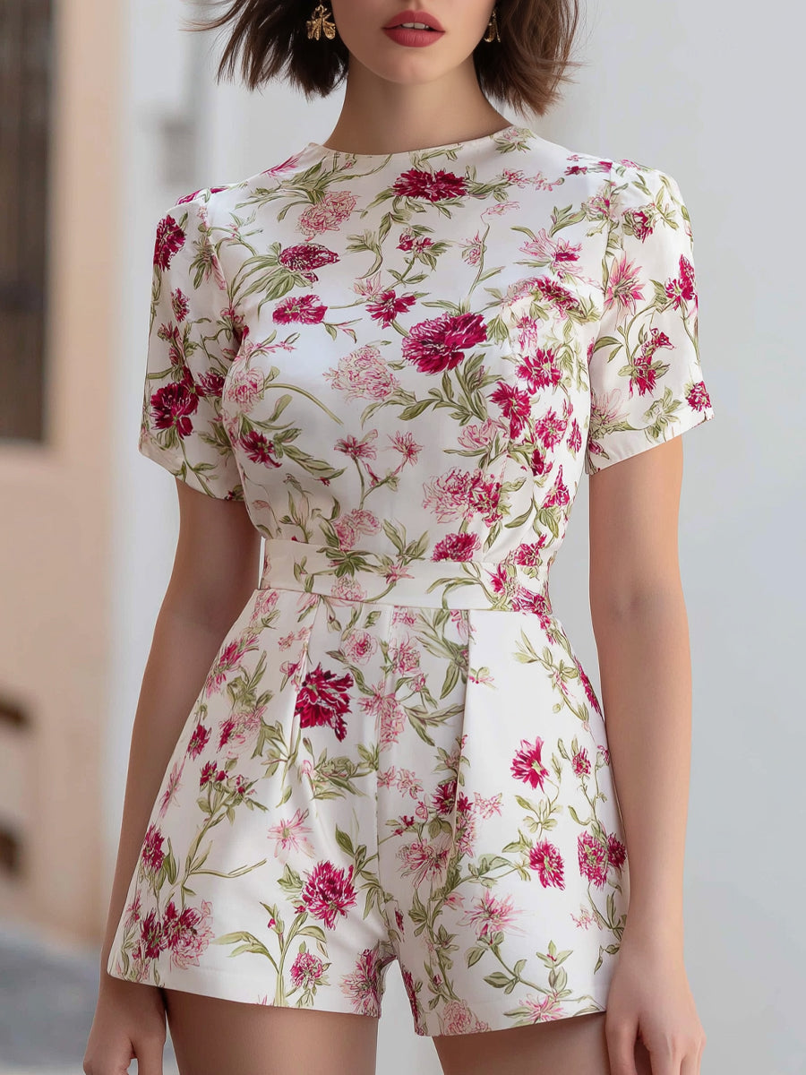 Floral Short-Sleeve Round Neckline Romper