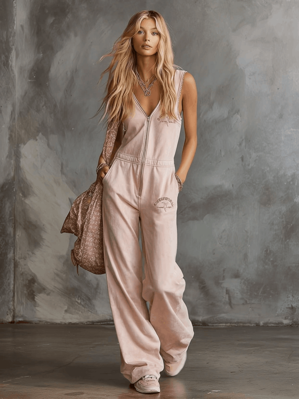 Elegant Retro Sporty V-neck Front Zipper Sleeveless Light Pink Cotton Jumpsuit