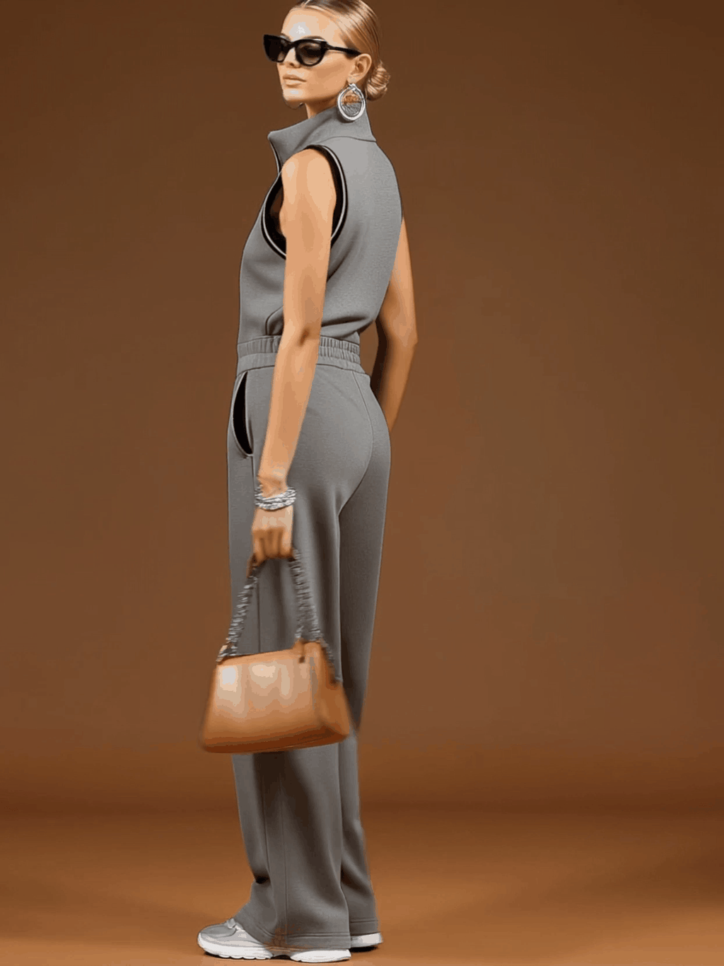 Casual Sporty Retro Dark Gray Cotton Blend Zipper Sleeveless Jumpsuit