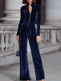 Navy Velvet Zip-Front Wide-Leg Jumpsuit
