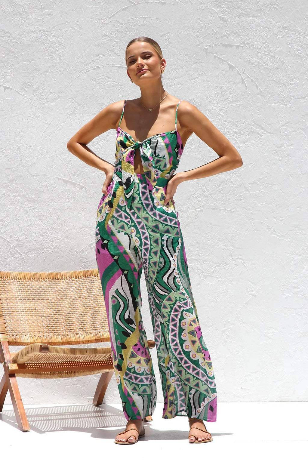 Bandage Bowknot Design Printed Jumpsuit